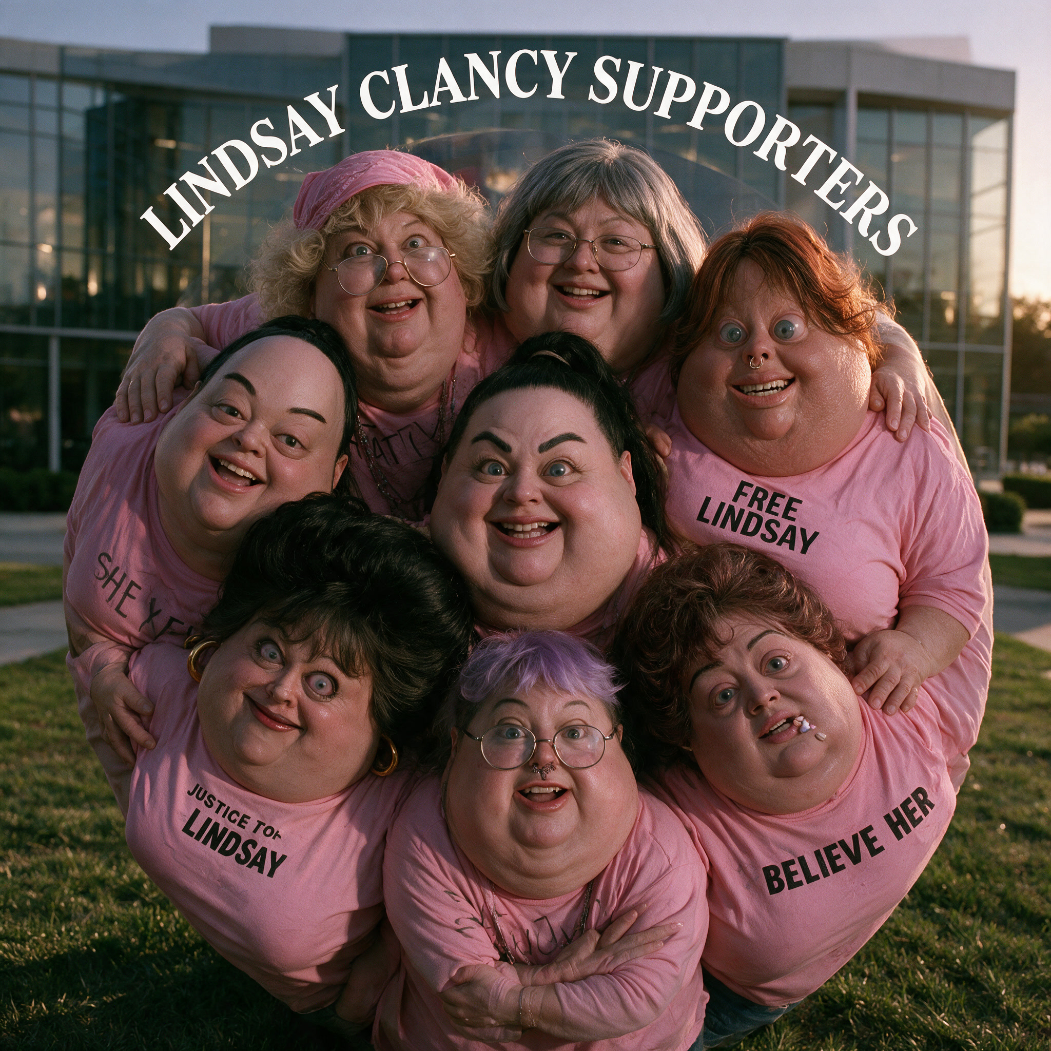 The supporters cast posing together outside the courthouse