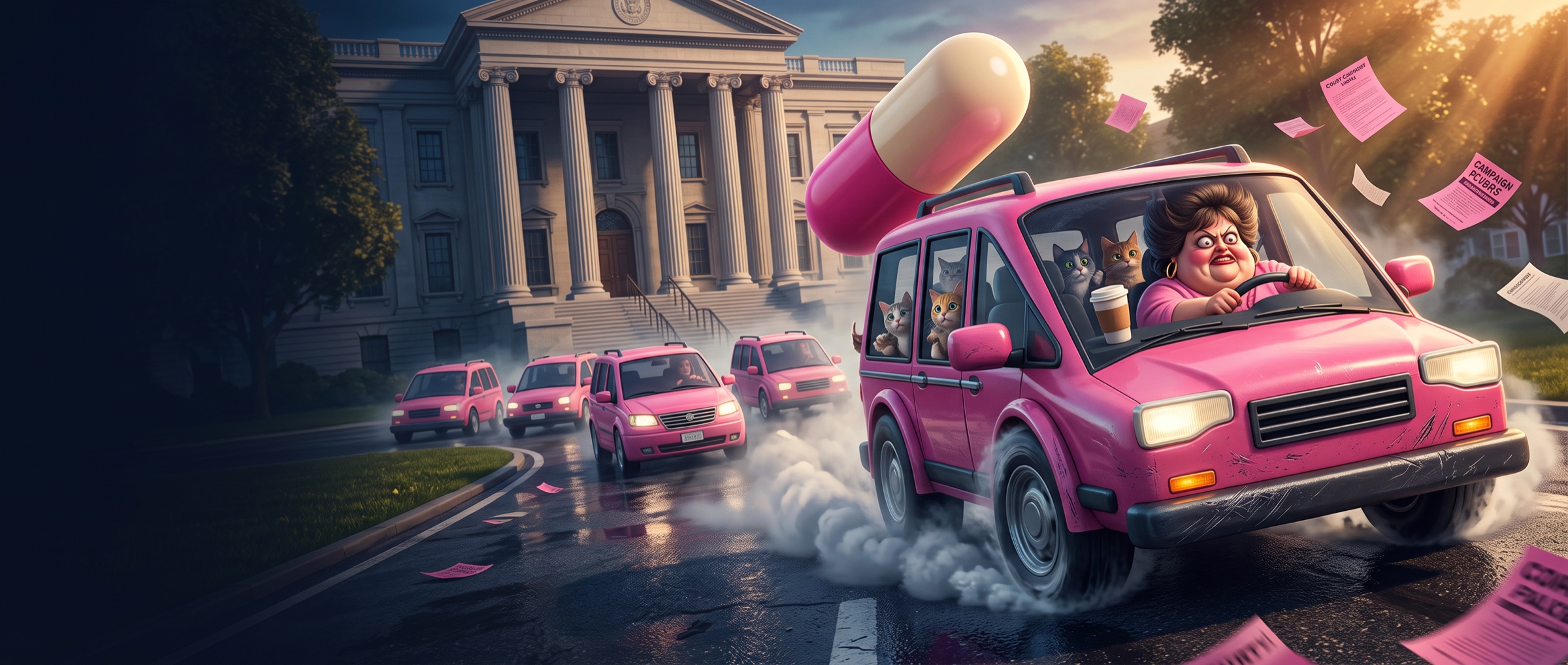 Promotional illustration of pink minivans and cats racing toward a courthouse