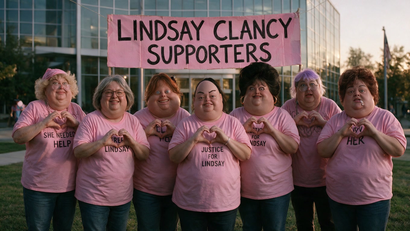 The supporters cast beneath the pink Lindsay Clancy Supporters banner